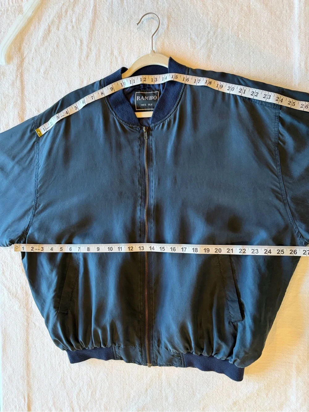 Vintage Rambo Men’s Silk Bomber Jacket Navy Zip Front Size XL 80s 90s Streetwear